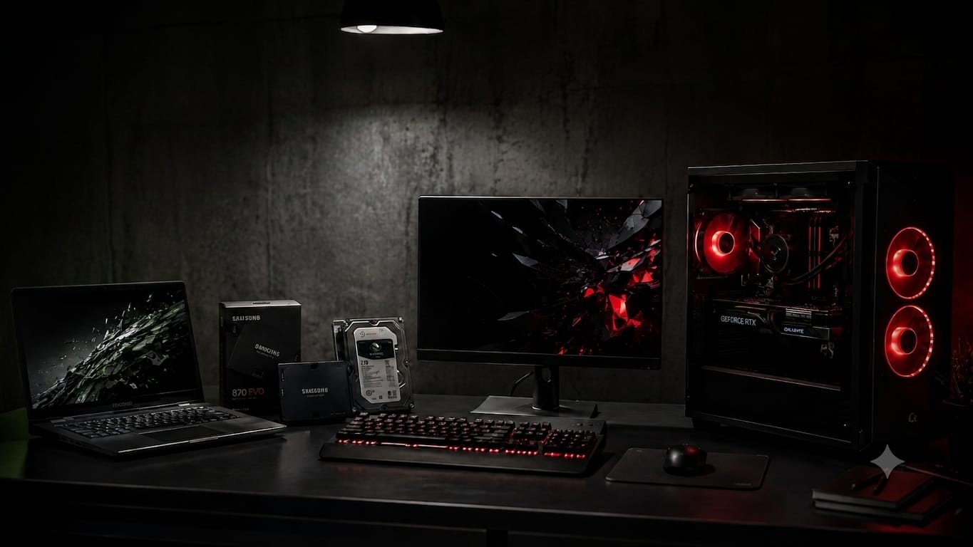 Gaming desktop PC, laptop and storage drives glowing red on a dark desk