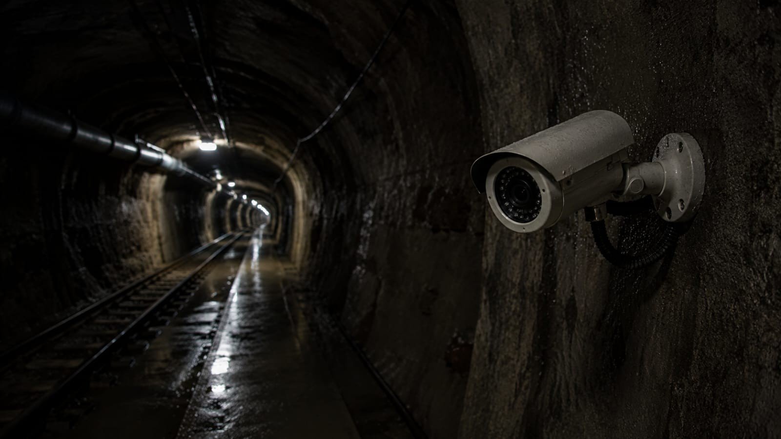 CCTV camera mounted on the wall of an underground tunnel
