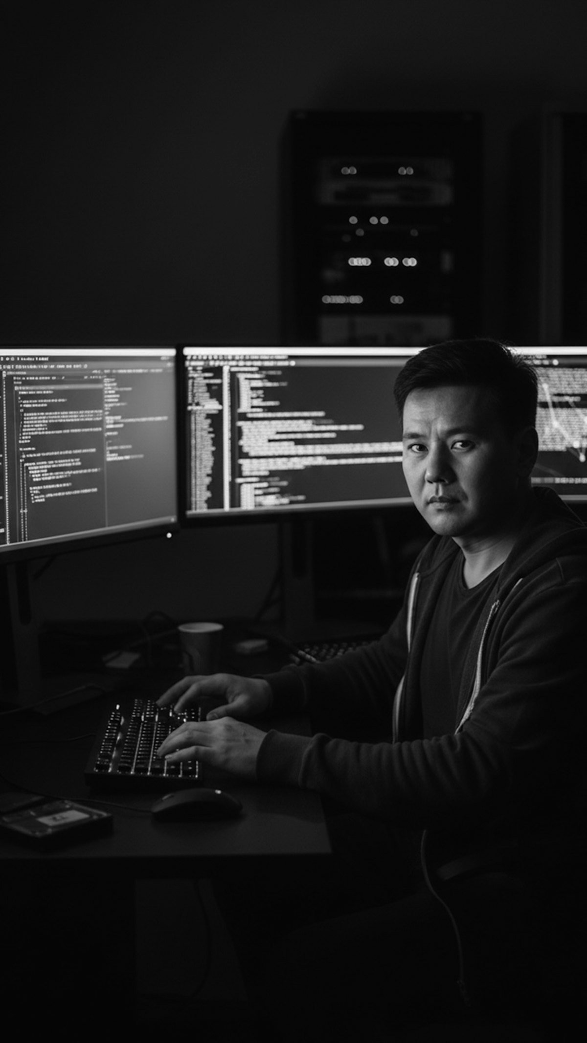 Operator at a multi-monitor surveillance workstation