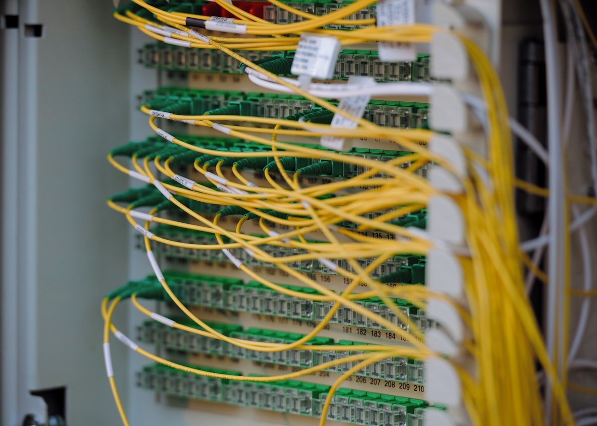 Structured network cabling terminated and labelled in a patch panel