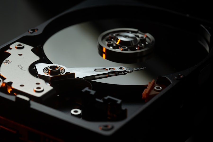 Open hard disk drive showing the internal platter